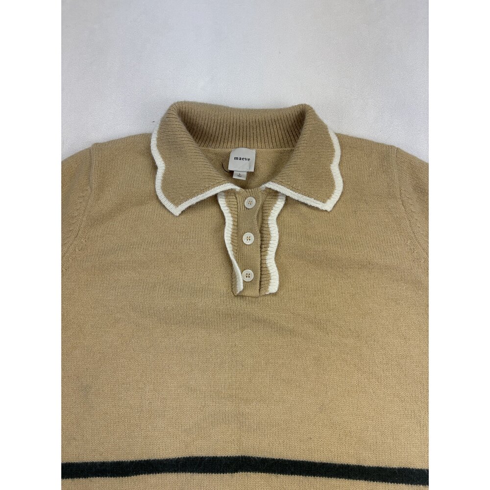 Maeve Khaki Polo Collar Sweater with Black Trim - Picture 6 of 11